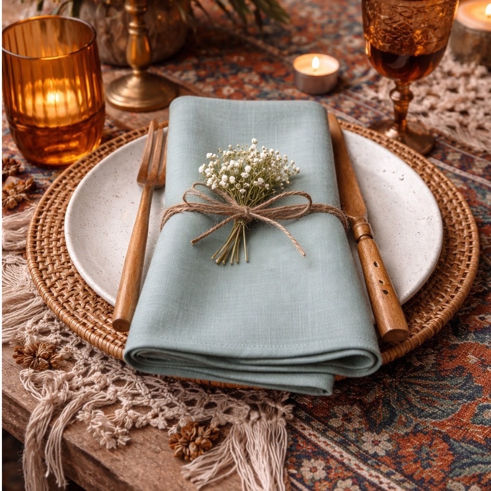 Vintage Seafoam Green Slub Texture Cloth Napkins Set of 2 Teal Dinner Linens